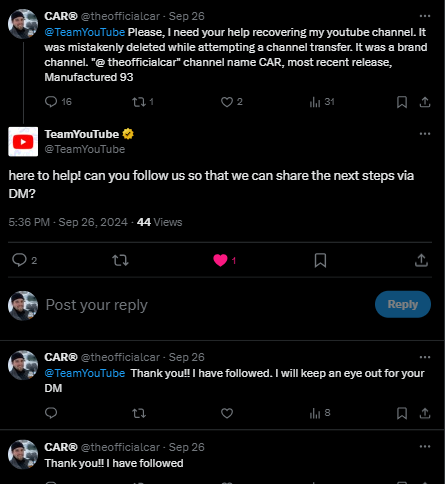 theofficialcar's tweet photo. @teamyoutube Hey YouTube Team, I know you must have many people to service here. I wanted to check in on this. I could really use your help. It's important that I recover my channel in order to continue building my creator channel. I can provide any info needed via DM. https://t.co/p1NiMHQT5z