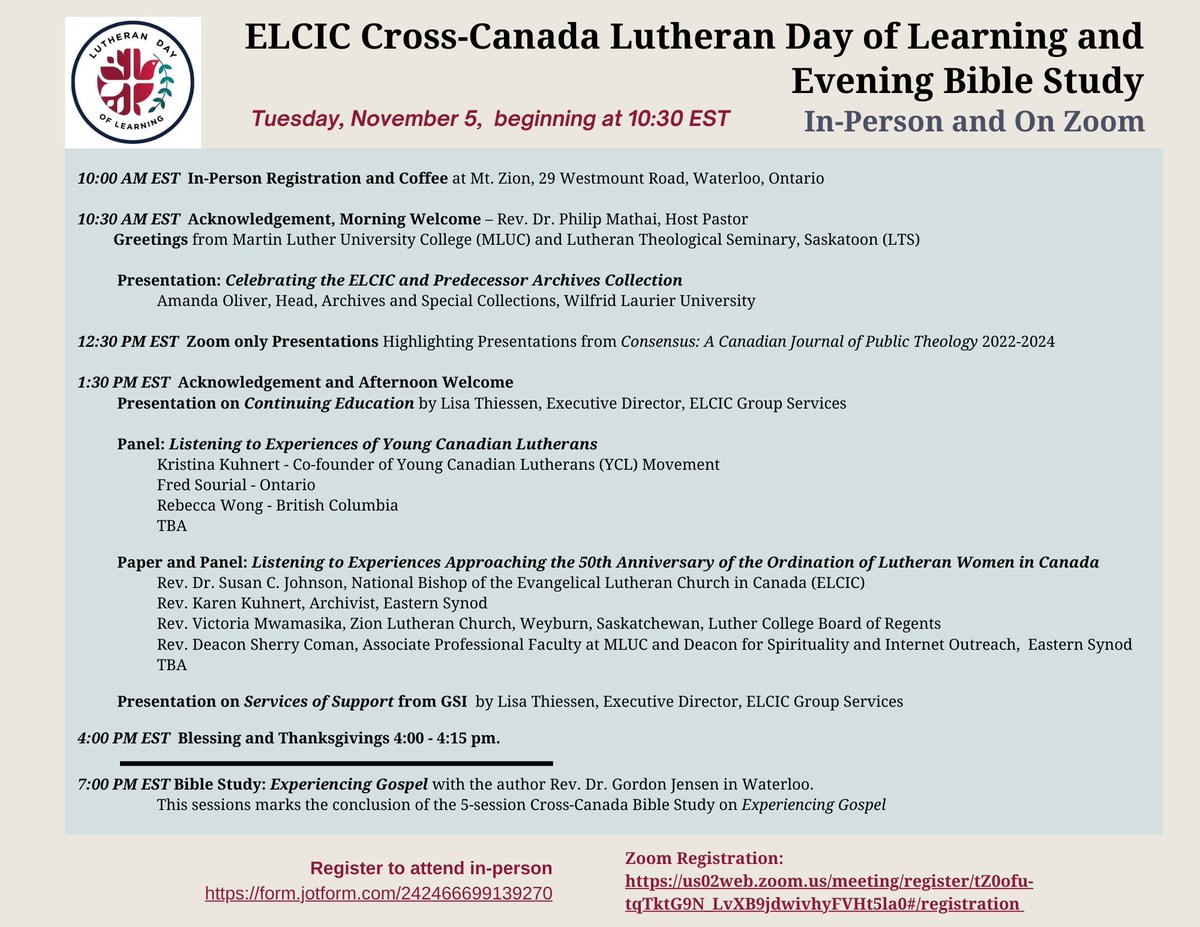 Please join in on the November 5 ELCIC Lutheran Day of Learning and Evening Bible Study on Zoom and in-person in Waterloo! Registration  us02web.zoom.us/meeting/regist…