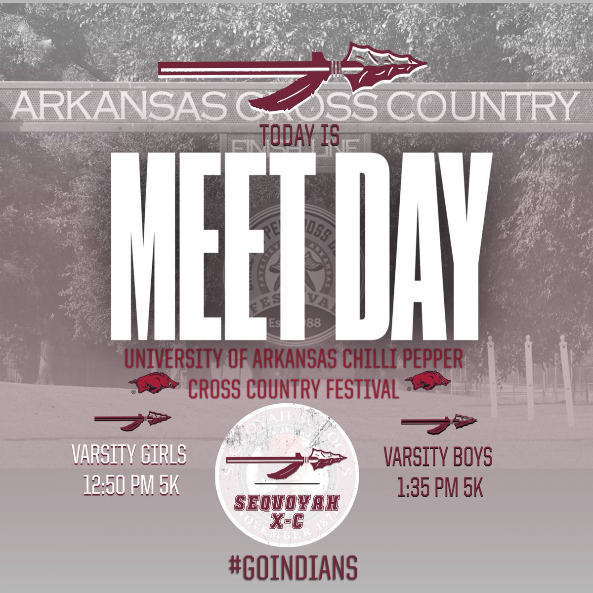 SeqIndians's tweet photo. πββοΈπββοΈ Meet Day! πββοΈπββοΈ
Sequoyah Cross Country competes at the University of Arkansas Chilli Pepper Festival today! πΆοΈ
Varsity Girls: 12:50 PM π
Varsity Boys: 1:35 PM π
Letβs cheer on our runners! πͺπ₯
#GoIndians #SequoyahXC https://t.co/fleROXLdbn