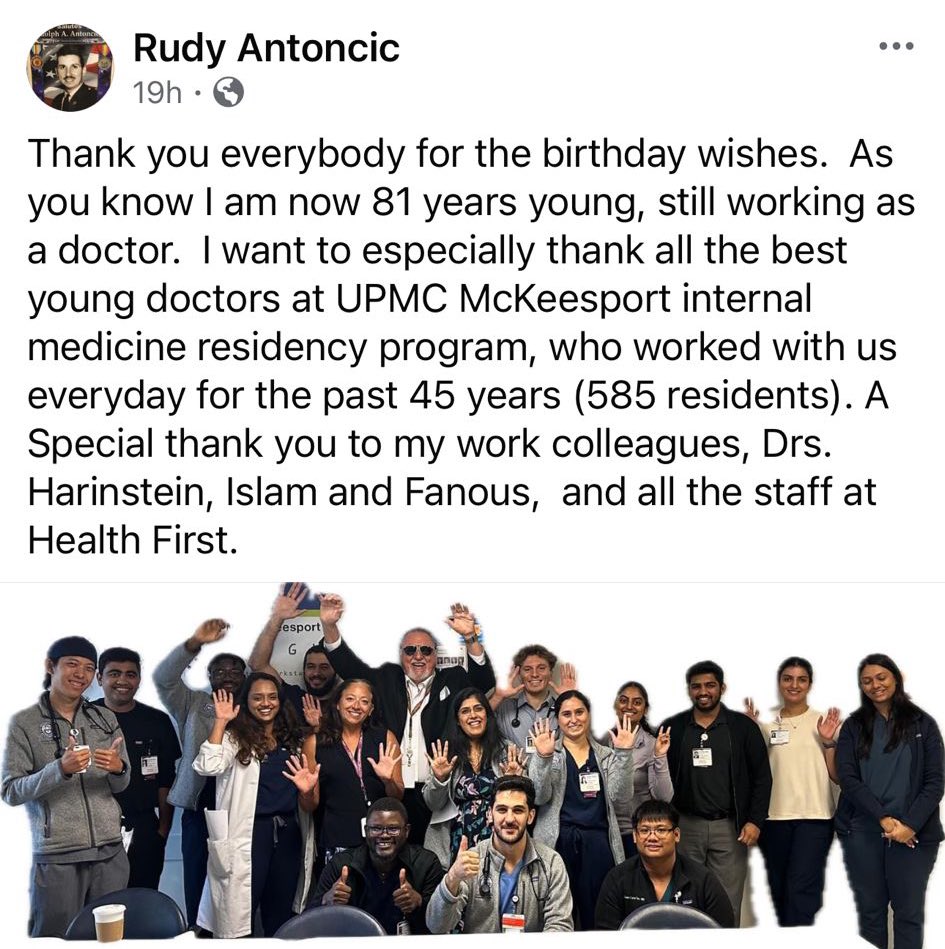 UPMC McKeesport IM residency (@upmcmckim) on Twitter photo Happy Birthday to Dr. Antoncic 🎉🎉🎉. We all thank him for all these years of practice at UPMC McKeesport internal medicine program.
<a href="/UPMC_RFAC/">UPMC Resident Fellow Association Committee (RFAC)</a> <a href="/PittDeptofMed/">PittDeptofMed</a> Happy Birthday to Dr. Antoncic 🎉🎉🎉. We all thank him for all these years of practice at UPMC McKeesport internal medicine program.
<a href="/UPMC_RFAC/">UPMC Resident Fellow Association Committee (RFAC)</a> <a href="/PittDeptofMed/">PittDeptofMed</a>