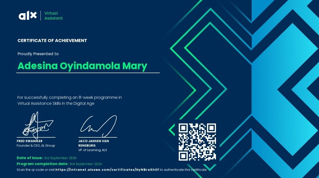 I wasn’t able to share my journey through the ALX Virtual Assistant Program as I had hoped, but I’m thrilled to announce that I’ve successfully completed it and earned my certificate! 🎊
Balancing the program with the demands of my final year was challenging, but I did it!