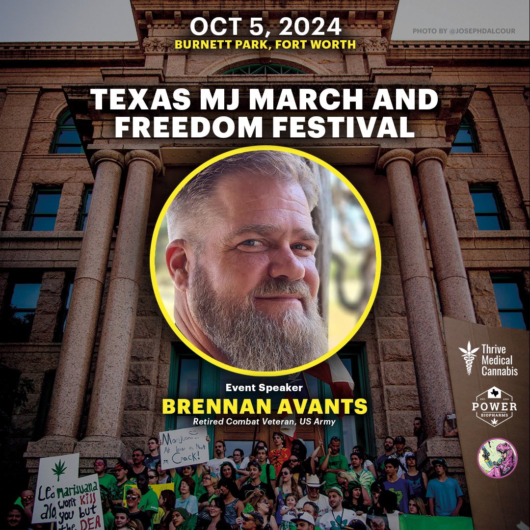 txcannaco's tweet photo. 🌟🌟Texas MJ March & Freedom Festival Speaker Announcement:

Introducing Brennan Avants @txv4mc leader of Texas Veterans for Medical Cannabis

A 21-year Army veteran with three combat tours, Brennan has turned his personal struggle with PTSD and alcohol dependence into a mission of advocacy. Since discovering the benefits of medical cannabis in 2017, he has been a dedicated medical marijuana patient under the Texas Compassionate Use Program since 2021. His commitment to change led him to participate in a comprehensive study evaluating the efficacy of cannabis medicines for veterans with PTSD.
Brennan is a sought-after speaker at events like the Texas Cannabis Policy Conference, public screenings of the documentary ‘Unprescribed’ as well as various political and social gatherings across the state. As a leader in Texas Veterans for Medical Cannabis, he passionately believes that ongoing education and activism are crucial to dispelling the myths surrounding cannabis in the Texas Legislature. Through his efforts, he aims to empower fellow veterans and advocate for the healing potential of cannabis.

There has never been a more important year to collectively protest for cannabis freedom in Texas.  Join us on Saturday, October 5th in downtown Fort Worth at Burnett Park from 12-7. We march at 4:20. Official after party @martinhousebrewing from 7-10! Free to the public and in cooperation with the city of Fort Worth and FWPD.
