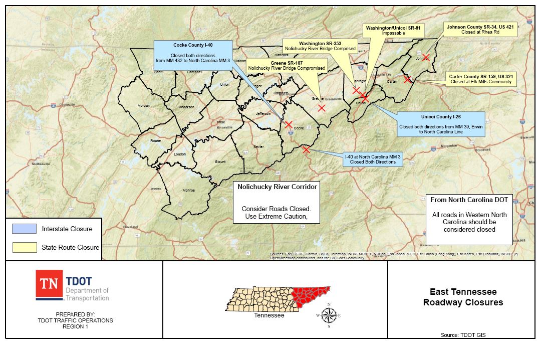 11AM EDT/10AM CDT Road Closure Map Update. TDOT continues to urge people to stay off the roads in Upper East TN and NCDOT reminds you that all Western NC roads should be considered closed.