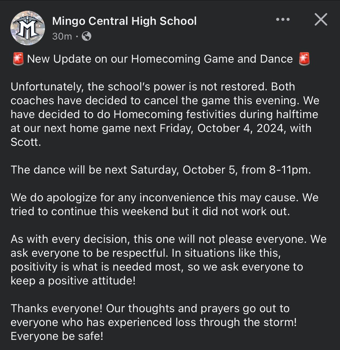 An update regarding today’s Homecoming Game &amp; Dance! Ⓜ️🏈⛏️  #ThisIsMingo #DigIn #CoalBlooded #wvprepfb
