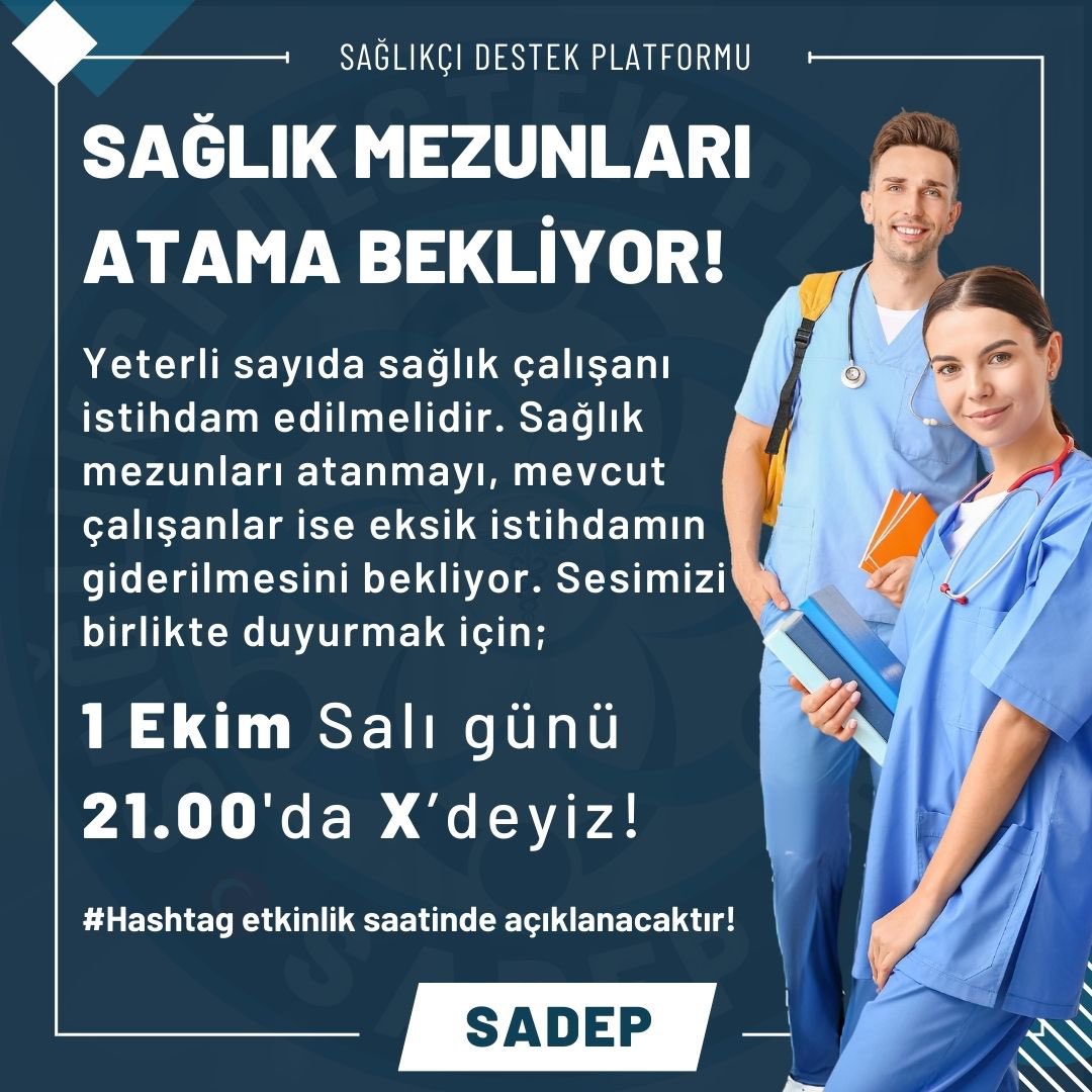 SAĞLIK MEZUNLARI ATAMA BEKLİYOR! 

Sesimizi birlikte duyurmak için;  

1 Ekim Salı günü 21.00'da X’deyiz!   
#Hashtag etkinlik saatinde açıklanacaktır!

Telegram link; ⤵️⤵️⤵️
t.me/saglikcidestek…

#atama #sadep #sağlıkataması #memur #sağlıkçalışanları