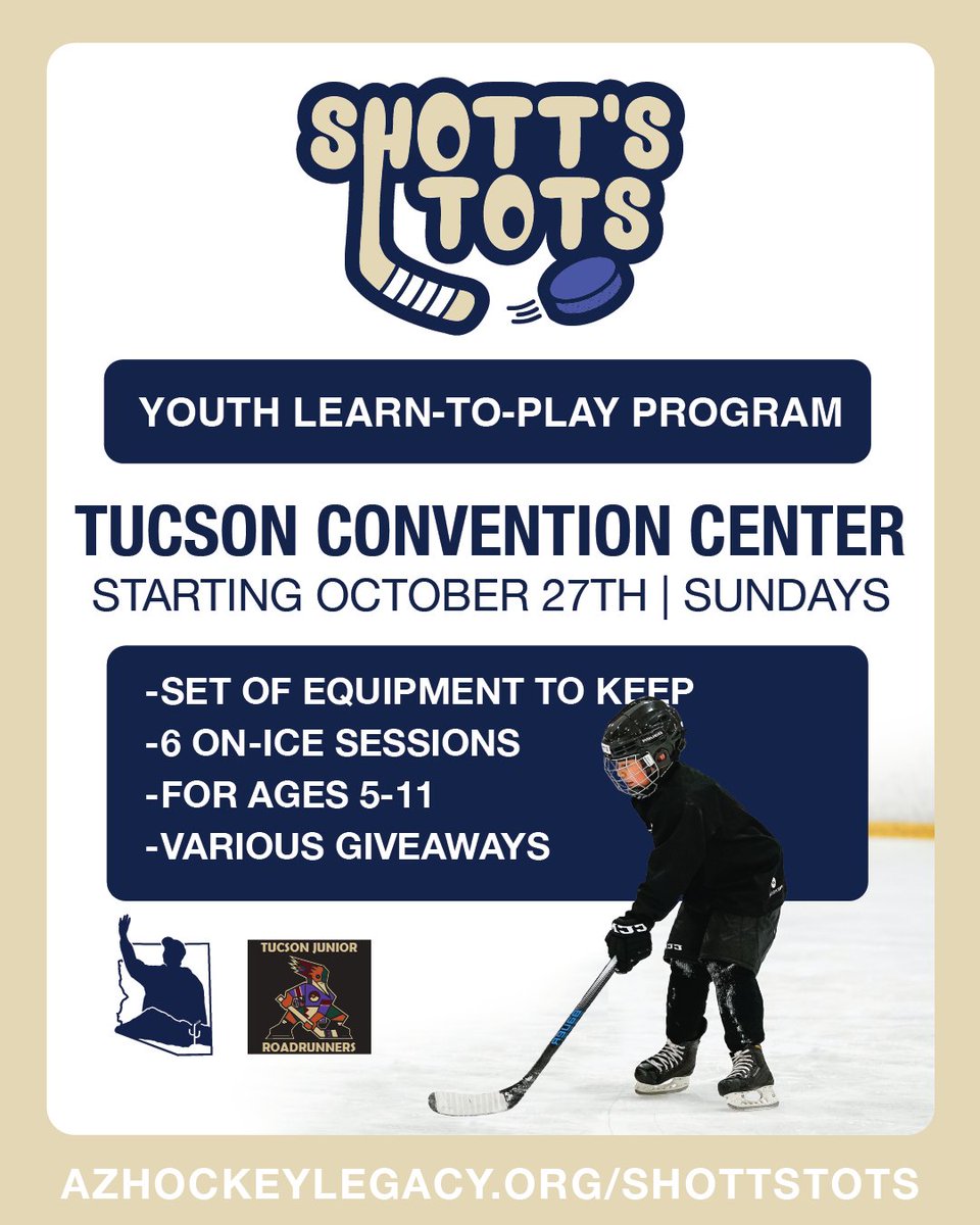 JrRoadrunners's tweet photo. Does  your 5-11 year old want to learn how to play ice hockey? Well, sign up today for our Youth Learn-To-Play Program. Tucson registration is open now, and practices start October 27th. Spots fill up fast, so get registered as soon as possible. 
https://t.co/O0YTWpPhgF https://t.co/JdsCbOlZFS