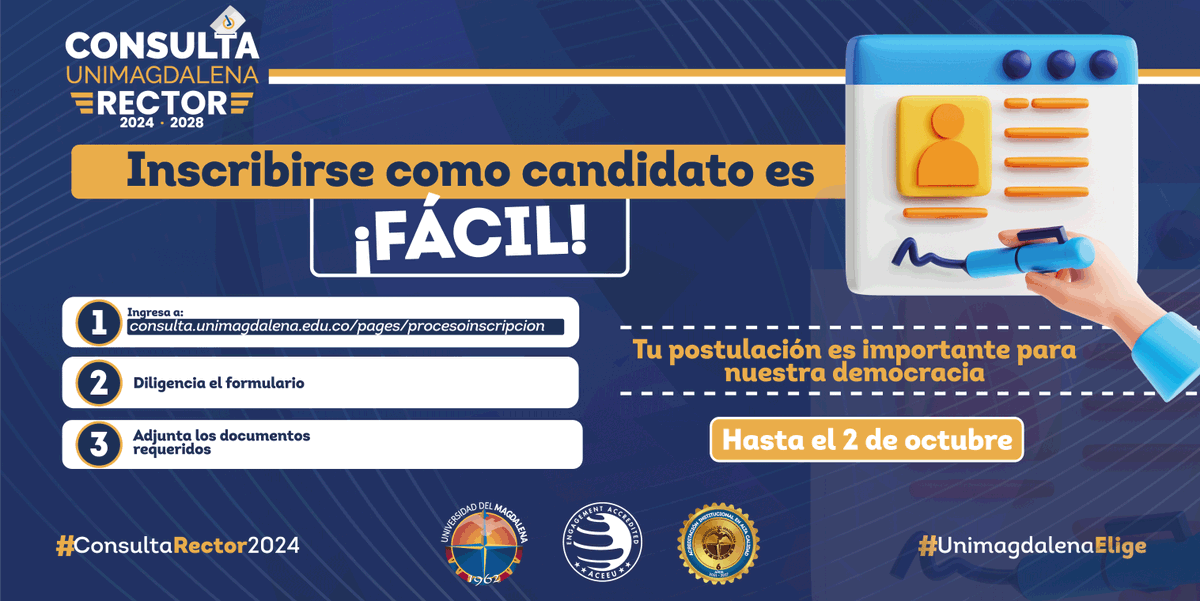 Unimagdalena's tweet photo. ¿Cómo es el proceso de inscripción como candidato a rector 2024-2028? 

✍️  Revisa los documentos requeridos en las circulares 02 y 04 expedidas por nuestro Comité de Garantías y sigue los pasos de la imagen. 

🔗 https://t.co/8B4sweELy8 

#ConsultaRector2024 https://t.co/OCBdp7fz4P