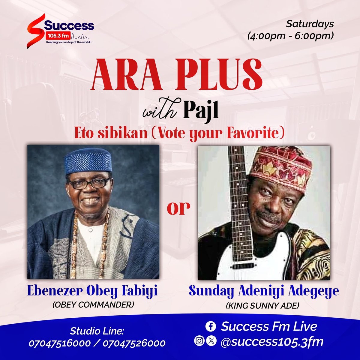 paj1official's tweet photo. #NowOnAir #Araplus with @success1053fm
🎙️❤️
EBENEZER OBEY and ‘KING SUNNY ADE are two legendary musical contemporaries. Who is your favourite between them?
#ObaAraContest https://t.co/p13srZiqFD