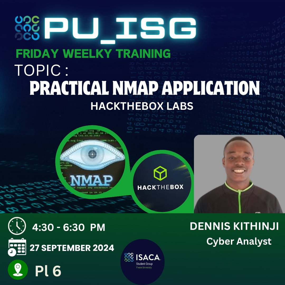 IsacaPwani's tweet photo. On PU_ISG Calendar's WEEK 2, The club dived into Nmap and its application in Cyber Security. Both on Monday virtual meetup, and on Friday Physical training. 

Special thanks to Juma Emiri on Monday and Dennis Kithinji on Friday, for orienting the PU_ISG community on Nmap tool. https://t.co/qWHkLqnzLh