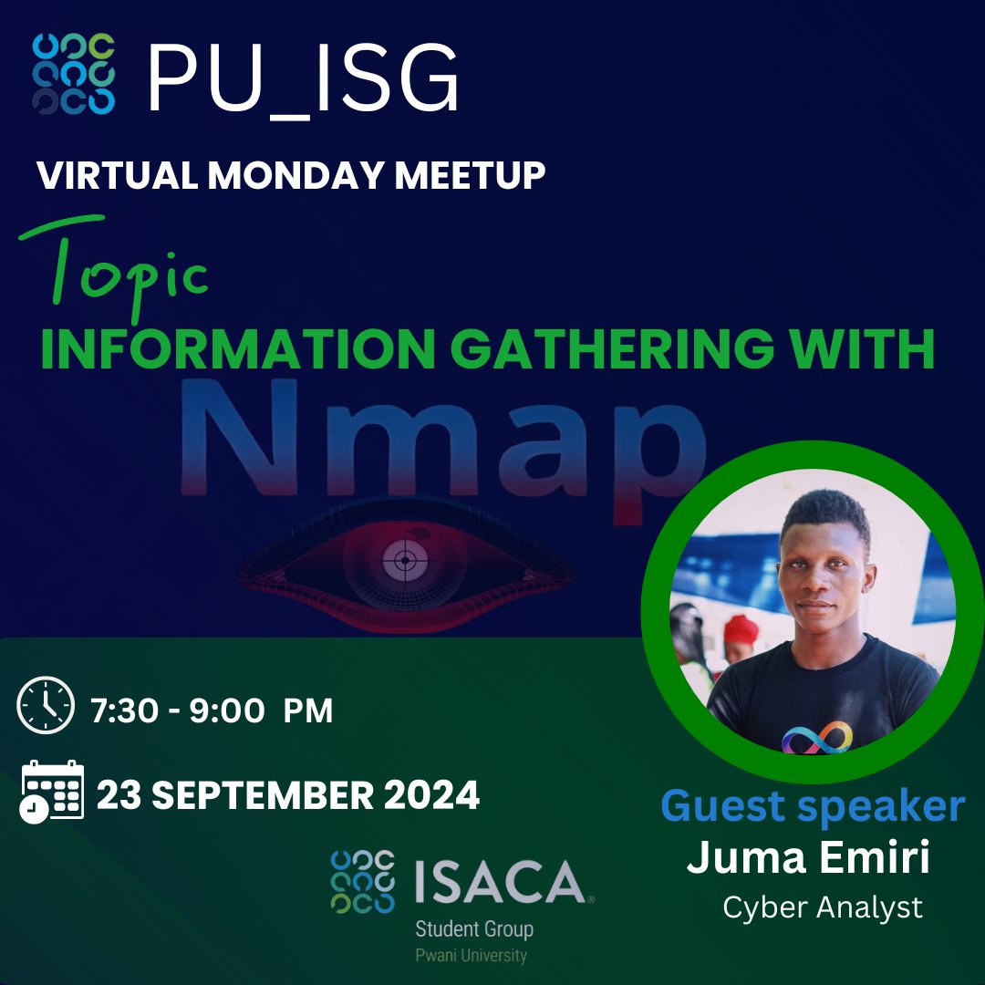 IsacaPwani's tweet photo. On PU_ISG Calendar's WEEK 2, The club dived into Nmap and its application in Cyber Security. Both on Monday virtual meetup, and on Friday Physical training. 

Special thanks to Juma Emiri on Monday and Dennis Kithinji on Friday, for orienting the PU_ISG community on Nmap tool. https://t.co/qWHkLqnzLh