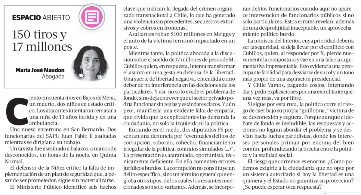 Hernan Larrain M. (@hernanlarrain) on Twitter photo Si sigue por esta ruta, la política corre el riesgo de caer bajo su propia "guillotina," víctima de su desconexión y ceguera. Porque aunque el debate de fondo es ineludible, las respuestas y acciones no logran abordar el problema...".
150 tiros y 17 millones, por <a href="/MJNaudon/">María José Naudon</a>. Si sigue por esta ruta, la política corre el riesgo de caer bajo su propia "guillotina," víctima de su desconexión y ceguera. Porque aunque el debate de fondo es ineludible, las respuestas y acciones no logran abordar el problema...".
150 tiros y 17 millones, por <a href="/MJNaudon/">María José Naudon</a>.