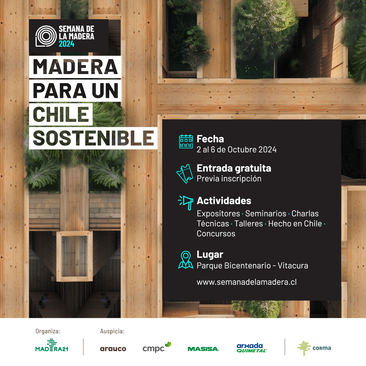 ⏳ ¡Solo 3 días para la #SemanadelaMadera 2024! 🌳💚
Disfruta de actividades gratuitas del 2 al 6 de octubre en el Parque Bicentenario de Vitacura. 🛠️🎨
📍 De 10:00 a 19:00 hrs
🎟️ Regístrate ticketplus.cl/events/semana-…
#SDLM2024 #MaderaSostenible #EventoGratuito #DiseñoYArquitectura