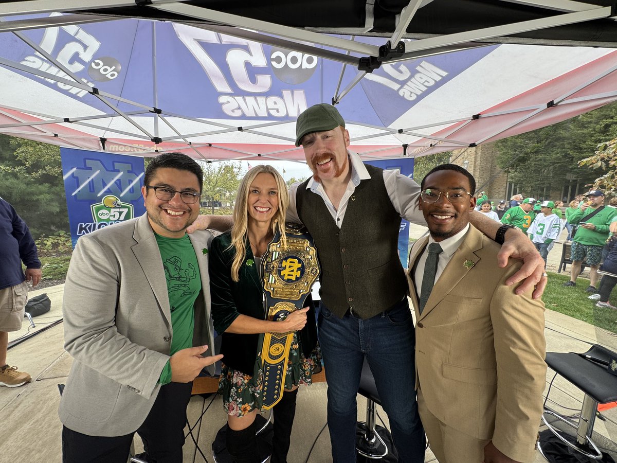 ABC57News's tweet photo. Who saw Sheamus?! 🍀
#abc57 #abc57kickoff #abc57news #ndfootball #irish #nd #notredame #sheamus #wwe https://t.co/eLYZPEby4I