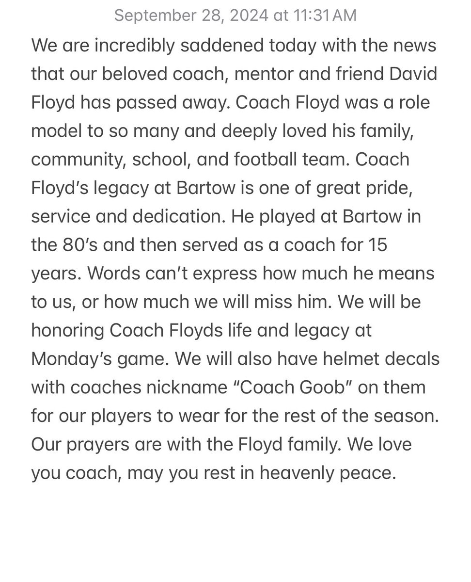 Rest in peace to our beloved coach, mentor and friend, Coach David Floyd. Words cannot describe how much you will be missed and how much you have meant to so many. We love you coach, may you rest in heavenly peace.