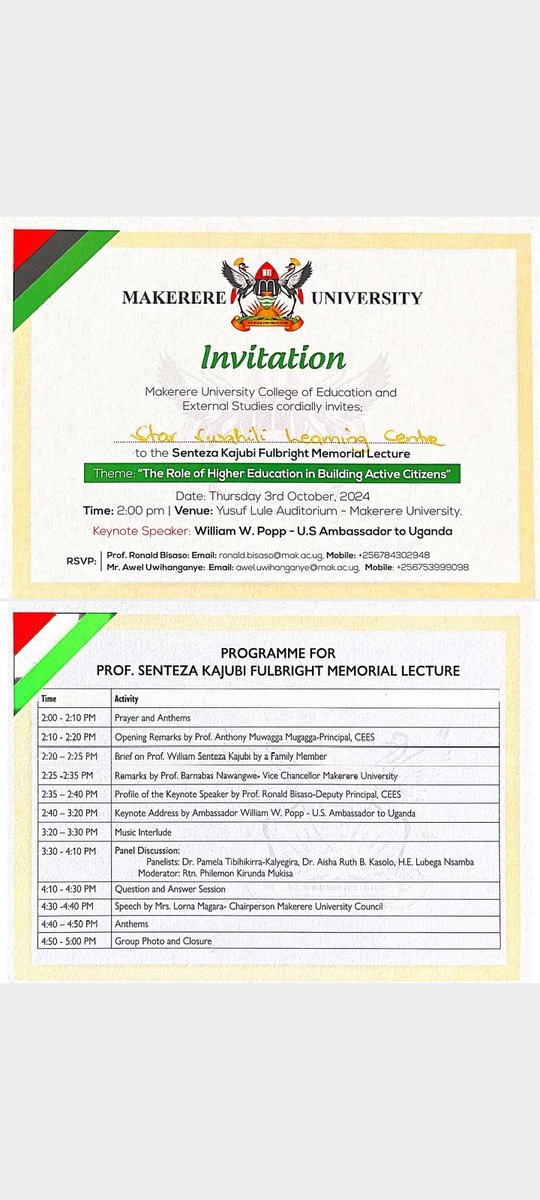 As <a href="/SSLC49/">Star Swahili Learning Center</a> its our Honour and Pleasure to be invited to attend the <a href="/Senteza/">beth</a> Kajubi Fullbright Memorial Lecture at the Mighty <a href="/Makerere/">Makerere University</a>  
 Uganda @YALIRLCEA , lets all Learn Kiswahili , Kiswahili ni Furaha