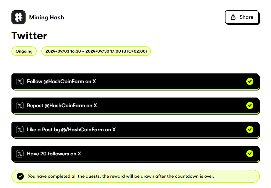HashCoinFarm's tweet photo. 🚀Mining Hash News

Only 2 days left to complete the social quest!

1️⃣Visit the company page
2️⃣Complete simple tasks
3️⃣Share a prize pool of 1,000,000 Hash tokens
🔗 Join here: https://t.co/GWn3tmGpMA
#MiningHash #CryptoQuest #HashToken #CryptoRewards #DeFi #Airdrop #Blockchain https://t.co/CAIO7LUoOE