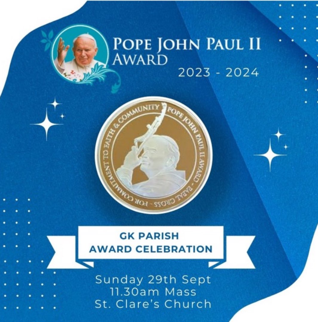 👏Congratulations to Brian Farrell, Paddy Walshe &amp; Alessandro Hutton on receiving the JPII Papal Cross Award &amp; past pupil, Franek Dobronski who received the JPII Gold award. Well done men. 💫 Celebration tomorrow, in St Clare’s Church at 11:30am