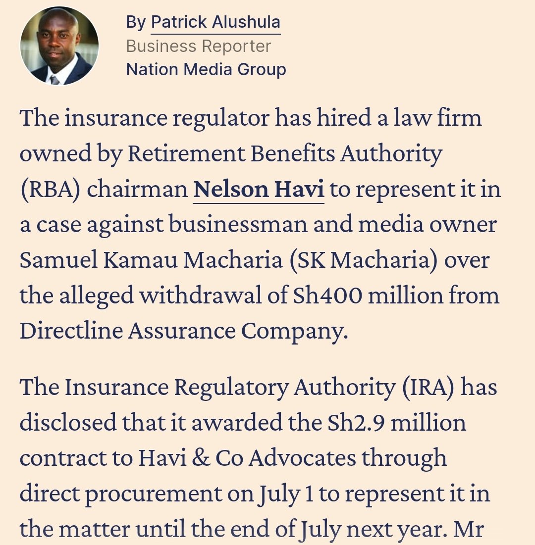 smutoro's tweet image. The @ira_kenya picks SC @NelsonHavi to represent it in the case against media mogul S.K Macharia and @DirectlineKenya #InsuranceKE