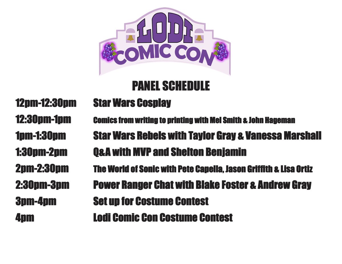 Panels begin at 12pm today in Jackson Hall at the Lodi Comic Con! Capped by the Costume Contest at 4pm ... Signs up are at the Merch booth just inside the main entrance of Chardonnay Hall.