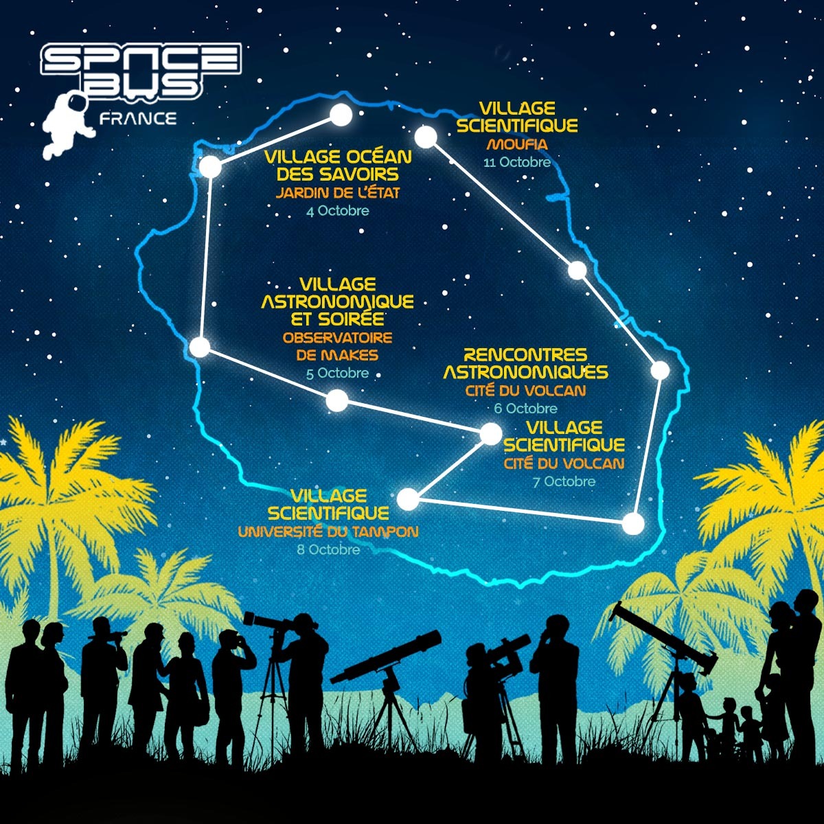 Le <a href="/SpaceBusFrance/">SpaceBusFrance</a>  s'envole pour La #Réunion! 🇷🇪 Retrouvez nos bénévoles sur les routes de l'île dès lundi 30 septembre et jusqu'au 11 octobre! Leurs objectifs: vous faire découvrir l'#astronomie, le #spatial et le #ciel réunionnais 🌋🌙