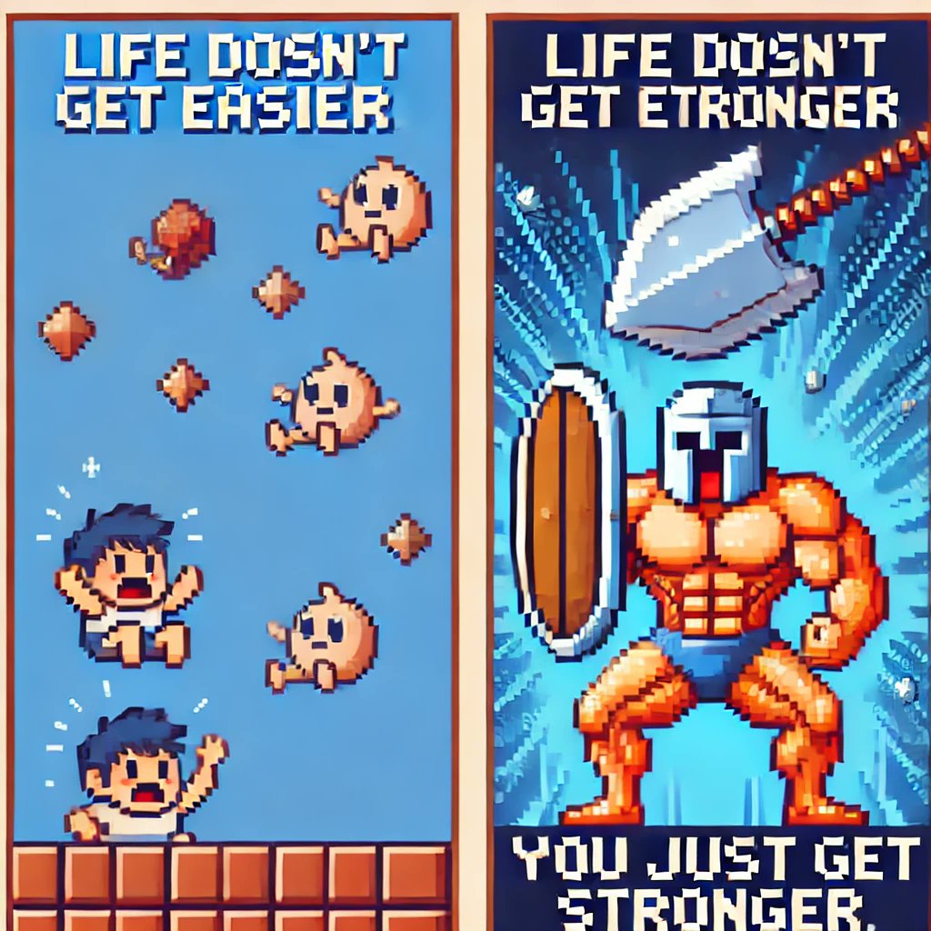 GregRalphQ's tweet photo. From dodging life's obstacles to becoming a true warrior! 💪🎯 #PixelArt #Motivation #Humor #RetroVibes #GamingArt #ComedicArt https://t.co/u4dGnKCTIf