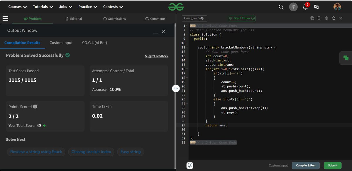 mr_venkey_06's tweet image. ๐ Day 18 of #DSAwithCPP: Solved Bracket Numbers problem today using stacks! Passed 1115/1115 test cases โ
.
Onwards and upwards with #DSA and #C++ ๐ป๐ง.
#CodingChallenge #ProblemSolving #GeeksforGeeks #100DaysOfCode