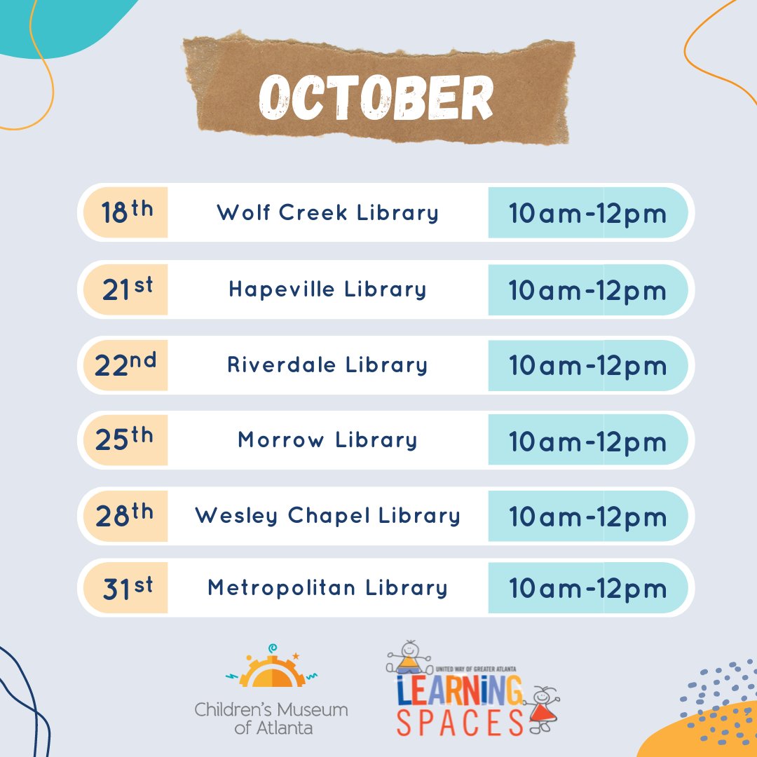 Stop on by at your local Atlanta library for #MobileLearningSpaces with your little one for a unique learning experience! These programs are FREE and all are welcome to come. 🤗⁠
⁠
This month's theme is about community and how we help each other! 💙⁠

See you there, friends!