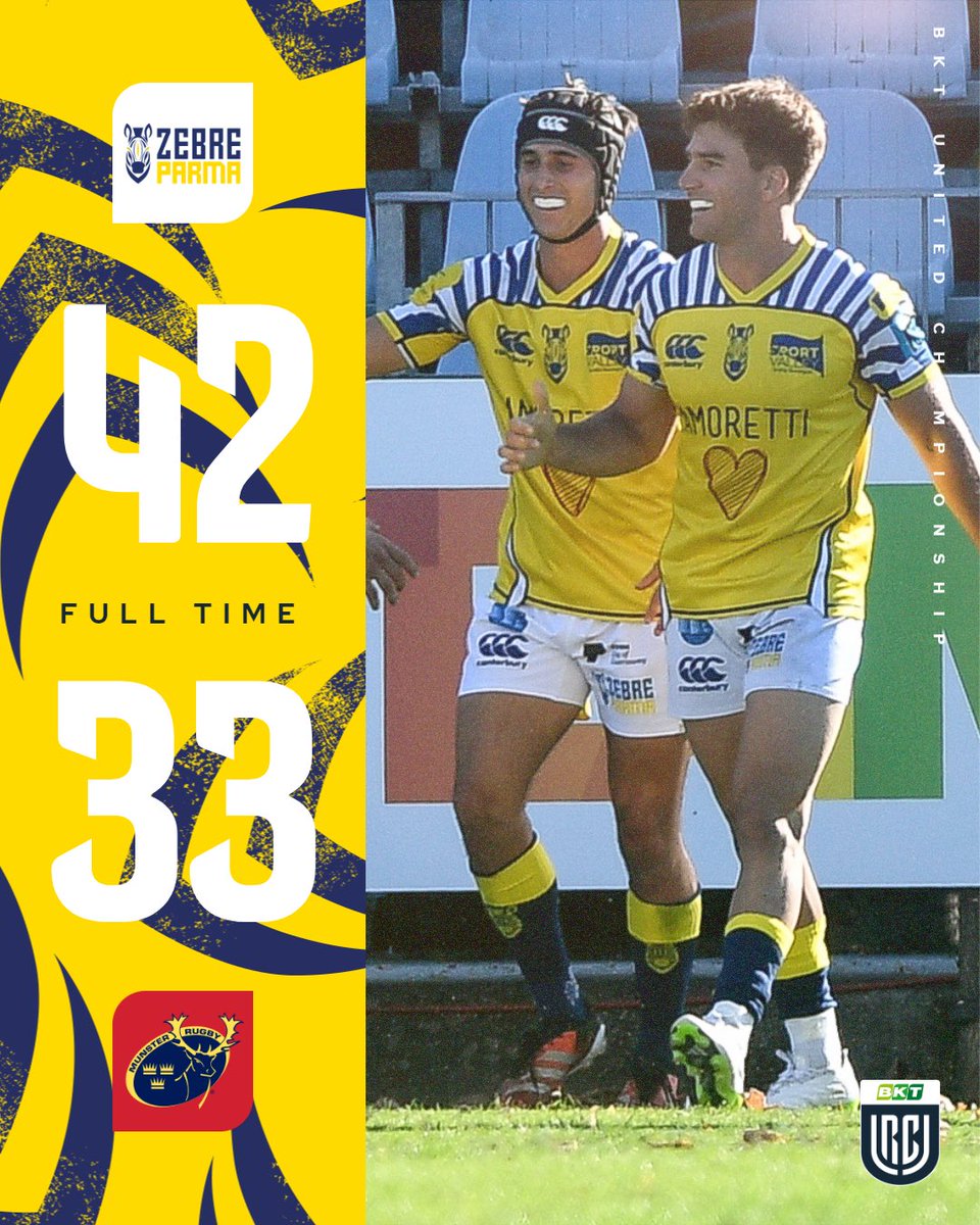 URCOfficial's tweet photo. On @ZebreParma’s 24th attempt, they are victorious 🆚 Munster

Their last #BKTURC win was on November 10th 2023 🆚 Hollywoodbets Sharks

History has finally been rewritten 👏

#URC | #ZEBvMUN https://t.co/iTyEiItDA4