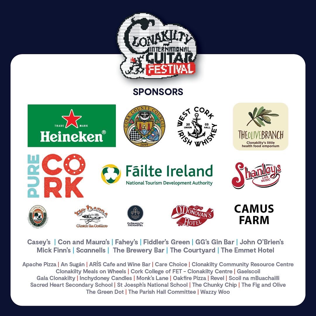 Clonakilty International Guitar Festival 2024

Celebrating 20 years of fretting in one amazing Guitartown!

#Cigf24 #Clonguitarfest #gfest #guitartown #clonakilty #westcork #bestcork #purecork
