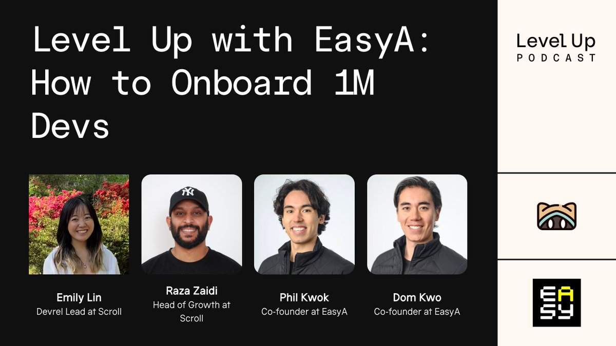 Scroll_ZKP's tweet image. 🌟 Level Up with @easya_app: How to Onboard 1M Devs 🌟

This Monday, join us for an insightful dive into expanding the Web3 developer landscape. Discover key strategies from EasyA who are re-shaping the future of tech education and community building.

 🔍 What we&apos;ll cover:
•…