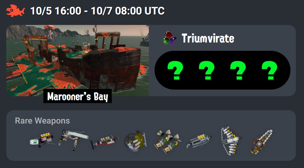 #SalmonRun
Upcoming full mystery weapon rotation @ Marooner's Bay!
King Salmonid: Triumvirate (3x scales available)