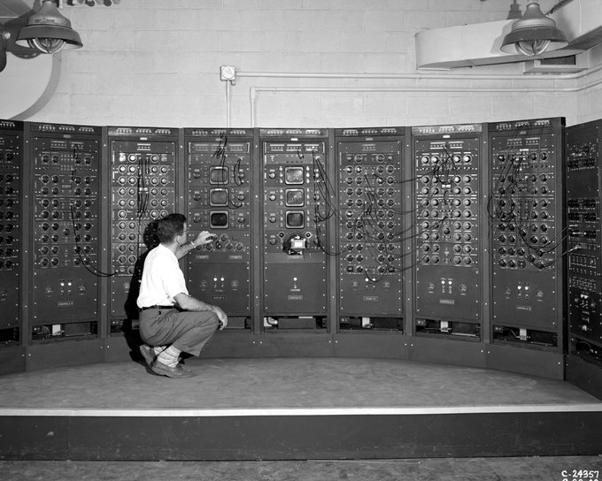 Analog Computing Machine in the Fuel Systems Building. This is an early version of the modern computer. The device is located in the Engine Research Building at the Lewis Flight Propulsion Laboratory, now John H. Glenn Research Center, Cleveland Ohio.