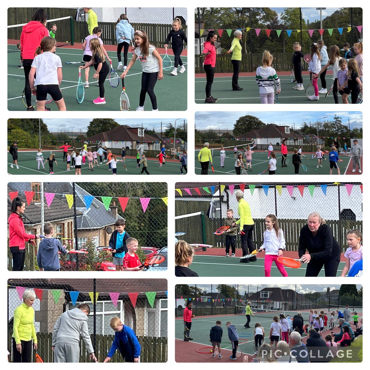 JudyMurray's tweet photo. What a welcome from the kids at Dumbarton Tennis Club, one of the oldest  in Scotland (1898). I opened their clubhouse 6 years ago + thrilled to open their resurfaced courts today. Lots of fun (+ ☔️) + cake. 👏 to the committee for creating a ⭐️⭐️⭐️⭐️⭐️ community hub. https://t.co/xeYcZBtj5o