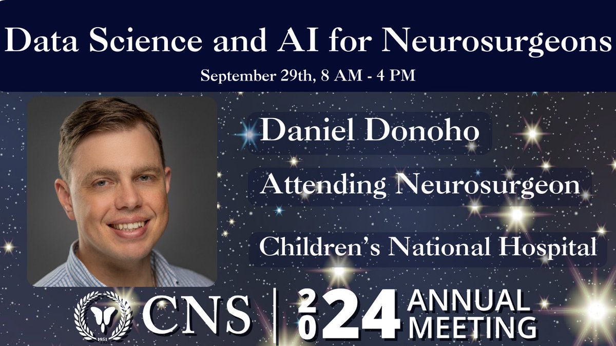 <a href="/ekoermann/">Eric Karl Oermann</a> <a href="/NYUneurosurgery/">NYUneurosurgery</a> <a href="/CNS_Update/">CNS</a> <a href="/DrBrowd/">Dr. Samuel Browd</a> <a href="/UWNeurosurgery/">UW Neurological Surgery</a> <a href="/ToddCHollon/">Todd Hollon</a> <a href="/umichneuro/">Michigan Neurosurgery</a> Wanna learn about “Computer Vision in Pediatric Neurosurgery and Beyond”? Come join us and <a href="/ddonoho/">Daniel Donoho, MD</a> of <a href="/GWnsgy/">George Washington Neurosurgery</a> and <a href="/ChildrensNatl/">Children's National Hospital 🏥</a> tomorrow!

<a href="/CNS_Update/">CNS</a> #2024CNS #artificalintelligence