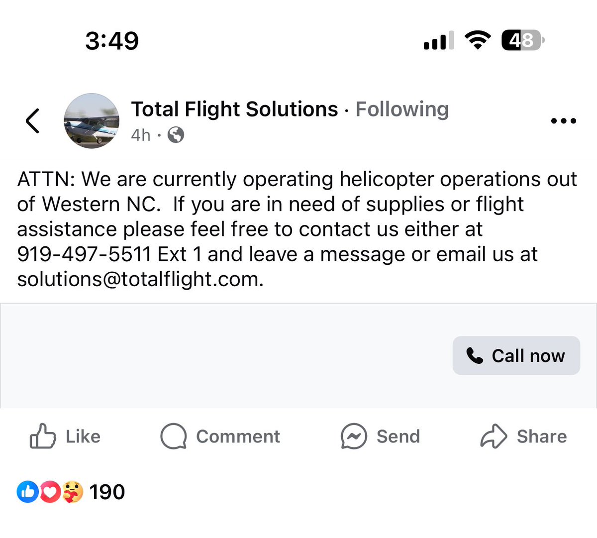 Ashley Miller (@ash_nicole_19) on Twitter photo ATTN: We are currently operating helicopter operations out of Western NC. If you are in need of supplies or flight assistance please feel free to contact us either at 919-497-5511 Ext 1 and leave a message or email us at solutions@totalflight.com
#HurricaneHelene ATTN: We are currently operating helicopter operations out of Western NC. If you are in need of supplies or flight assistance please feel free to contact us either at 919-497-5511 Ext 1 and leave a message or email us at solutions@totalflight.com
#HurricaneHelene
