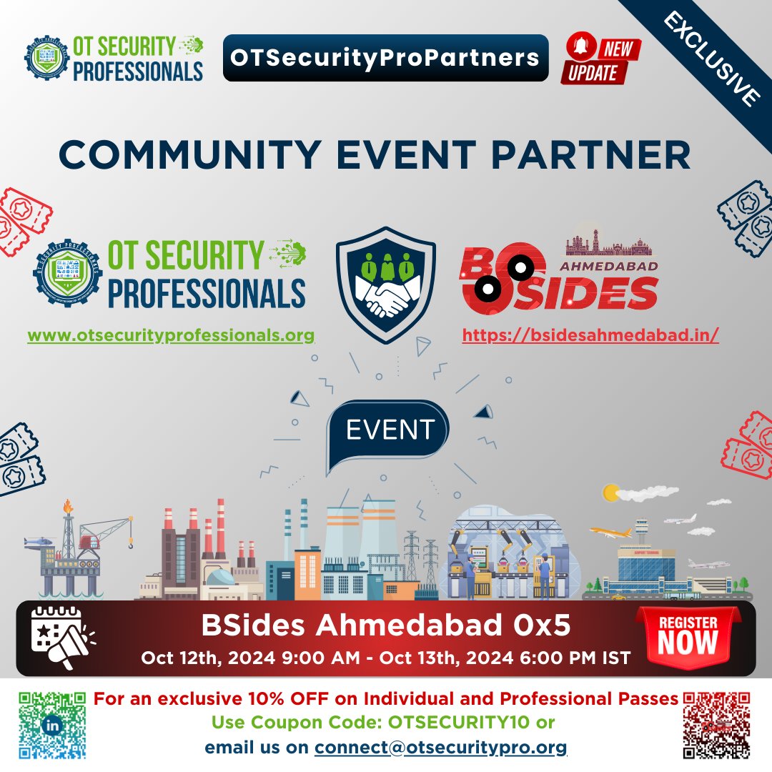 🚀 Exciting News! We are  Community Event Partner for the 5th edition of <a href="/bsidesahmedabad/">Security BSides Ahmedabad</a> 

🎟️ Get 10% OFF with code: OTSECURITY10
🗓️ Date: Oct 12-13, 2024
📍 Venue: The Forum Club 07, Ahmedabad
🔗 Register now: konfhub.com/security-bside…

#OTSecurityPro #BSidesAhmedabad #CyberSec