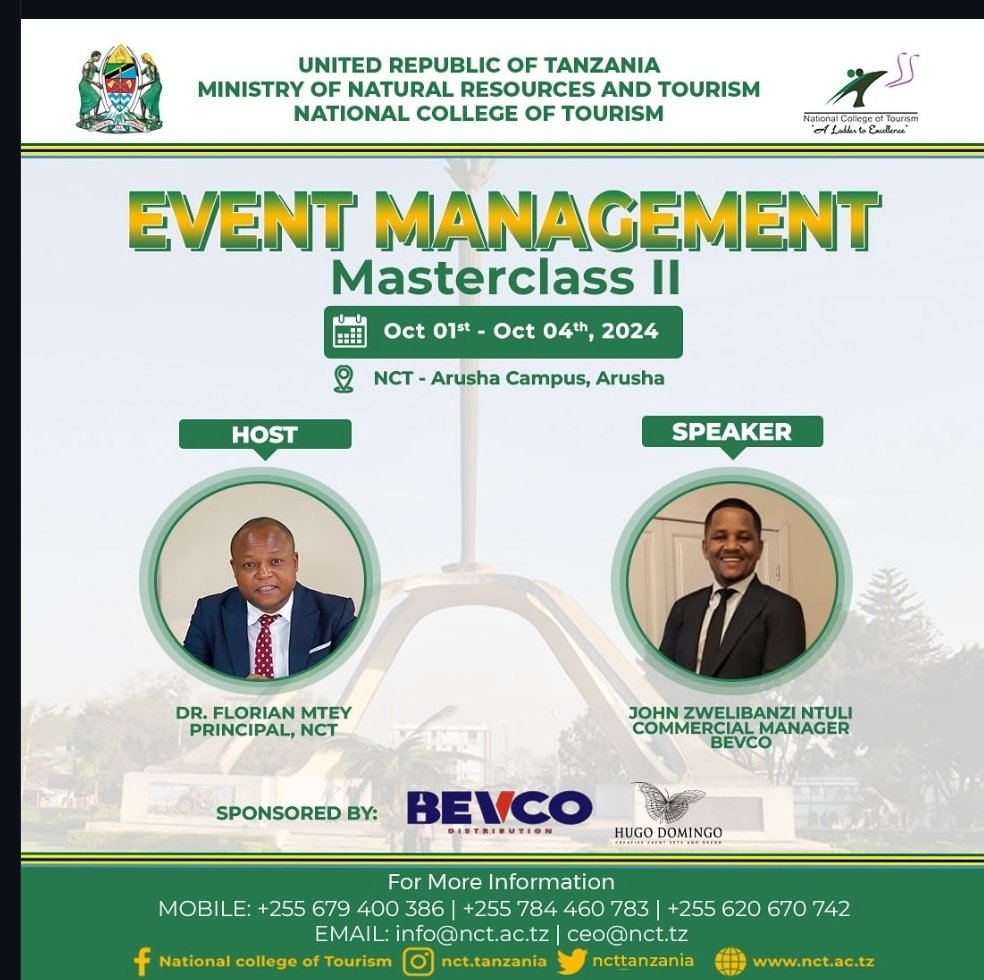 NCTTanzania's tweet photo. Join us at the Event Management Masterclass II at Arusha Campus from 1-4 October 2024 ,and establish New Networks with Event professionals and get to learn the best practices in Event Management https://t.co/H8XrVISBJN
