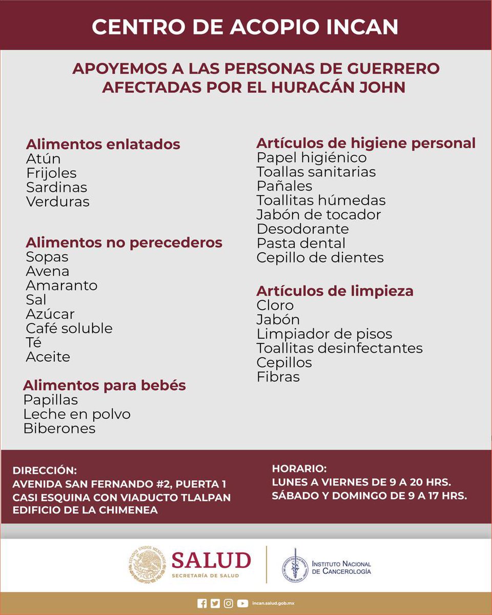 Oscar Arrieta (@ogarrieta) on Twitter photo Con el objetivo de apoyar a los damnificados del estado de Guerrero por el paso del huracán “john”, el <a href="/incanMX/">Instituto Nacional de Cancerología</a> abre un centro de acopio para alimentos enlatados, artículos de limpieza y curación entre otros productos <a href="/docenciaincan/">DocenciaIncan.MX</a> gracias por el apoyo Con el objetivo de apoyar a los damnificados del estado de Guerrero por el paso del huracán “john”, el <a href="/incanMX/">Instituto Nacional de Cancerología</a> abre un centro de acopio para alimentos enlatados, artículos de limpieza y curación entre otros productos <a href="/docenciaincan/">DocenciaIncan.MX</a> gracias por el apoyo
