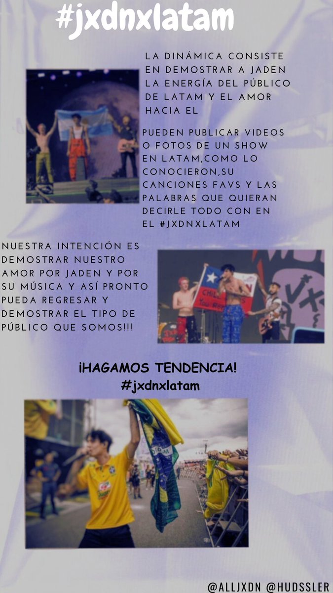 Hudssler_'s tweet image. holiss,junto a @alljxdn decidimos hacer una linda dinámica para Jaden y demostrarle nuestro amor hacia el y a su música usando el #Jxdnxlatam
el domingo 29 (Mañana) y esperamos que se puedan unir 🫶🏻
🇦🇷🇨🇱🇺🇾🇧🇷: 17:00 a 00:00
🇵🇾: 16:00 a 23:00
🇲🇽(CDMX): 14:00 a 21:00