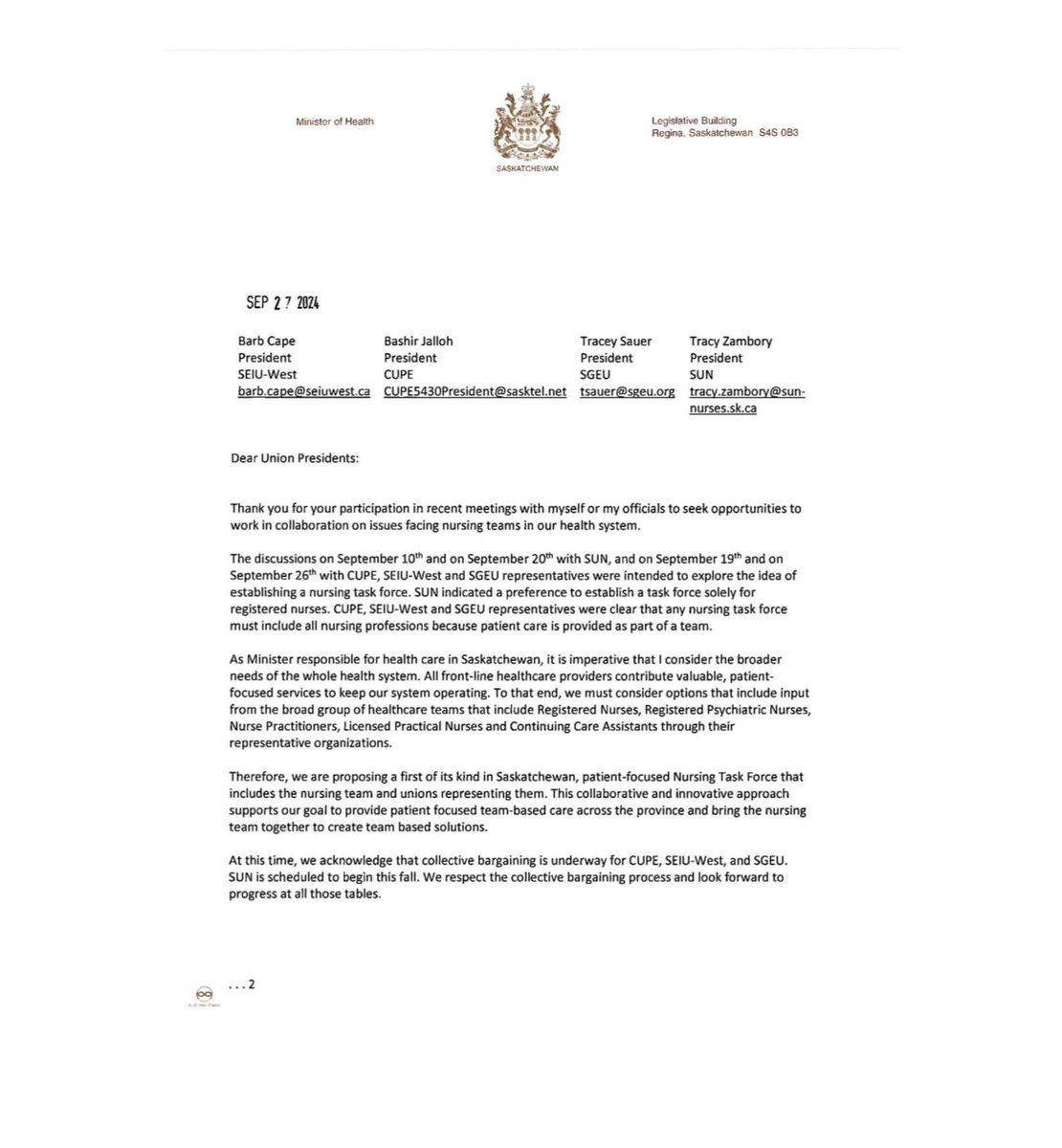 SUNnurses's tweet photo. We are so disheartened. The attached images are SUN’s response to a letter healthcare unions received from the Saskatchewan Minister  of Health late Friday, September 27.  #skpoli https://t.co/o2XlmS2UVB