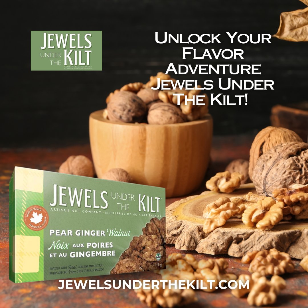 Never settle for basic when you can indulge with #JewelsUnderTheKilt🌰💕
For C$6.99, our 115gr box of #PearGingerWalnuts brings together the zing of locally-grown ginger, fresh pears + the crunch of #Ontariogrown #walnuts. Order ➡️ jewelsunderthekilt.com⁠ ⁠

#mapleroastednuts