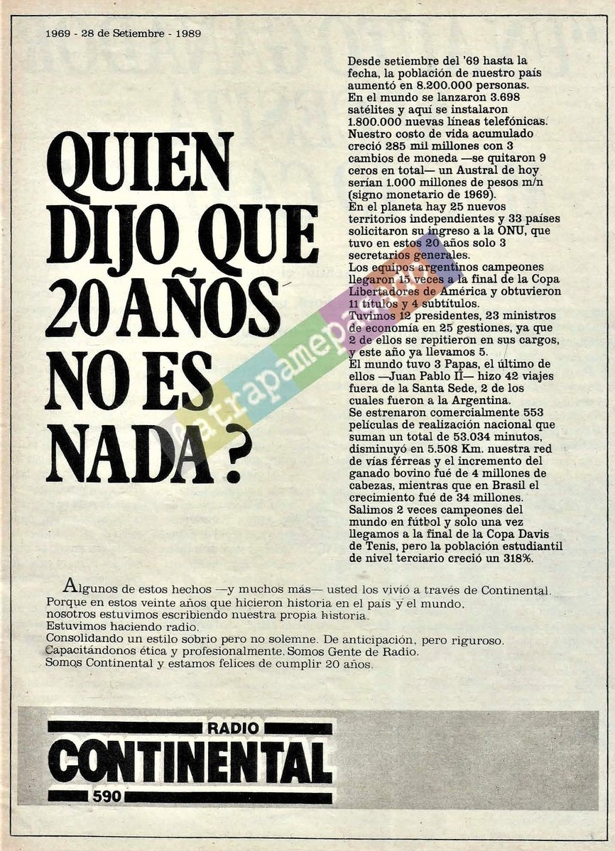 atrapamepasado's tweet image. 📻 ¡Felices #55años Radio Continental! 
El #28deSeptiembre #En1969 fue el primer día de esta marca radiofónica. 
Evocamos la fecha con este aviso de la revista El Gráfico #En1989 cuando la emisora celebró su vigésimo aniversario.