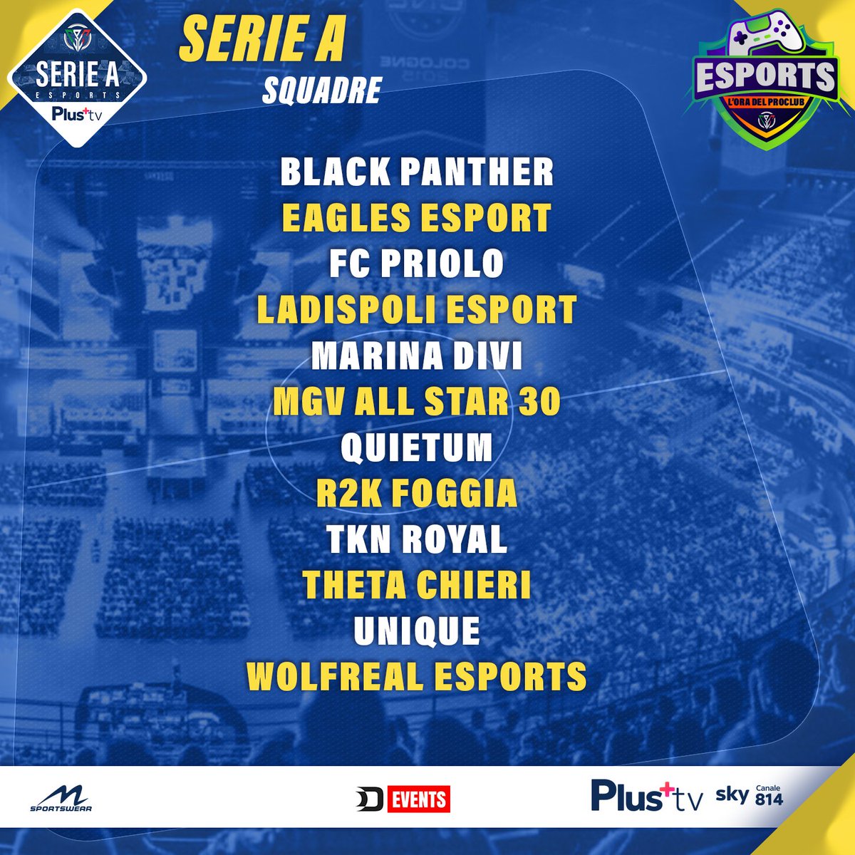 CPGitaly (@cpgitaly) on Twitter photo Le squadre che si giocheranno il primo Titolo Italiano
<a href="/CPG__eSports/">Competitive Pro Gaming</a>
.
.
@BKP_PANTHER <a href="/_EagleseSports_/">ASD EAGLES ESPORTS CALCIO A 5</a>
<a href="/eFcPriolo/">eFC PRIOLO GARGALLO</a> <a href="/22Galacticos/">Galacticos Ladispoli Esports</a> <a href="/MarinaDiviFC/">Marina Divi FC</a> <a href="/MGV_ALL_STAR_30/">MGV ALL STAR 30</a> <a href="/iQuietum/">QuieTum</a> @R2kFoggia_ @RoyalRedBulls <a href="/ThetaChieri/">Theta Chieri</a> <a href="/uniQue2k23/">uniQue</a> <a href="/WolfrealEsports/">IIP WOLFREAL</a> Le squadre che si giocheranno il primo Titolo Italiano
<a href="/CPG__eSports/">Competitive Pro Gaming</a>
.
.
@BKP_PANTHER <a href="/_EagleseSports_/">ASD EAGLES ESPORTS CALCIO A 5</a>
<a href="/eFcPriolo/">eFC PRIOLO GARGALLO</a> <a href="/22Galacticos/">Galacticos Ladispoli Esports</a> <a href="/MarinaDiviFC/">Marina Divi FC</a> <a href="/MGV_ALL_STAR_30/">MGV ALL STAR 30</a> <a href="/iQuietum/">QuieTum</a> @R2kFoggia_ @RoyalRedBulls <a href="/ThetaChieri/">Theta Chieri</a> <a href="/uniQue2k23/">uniQue</a> <a href="/WolfrealEsports/">IIP WOLFREAL</a>