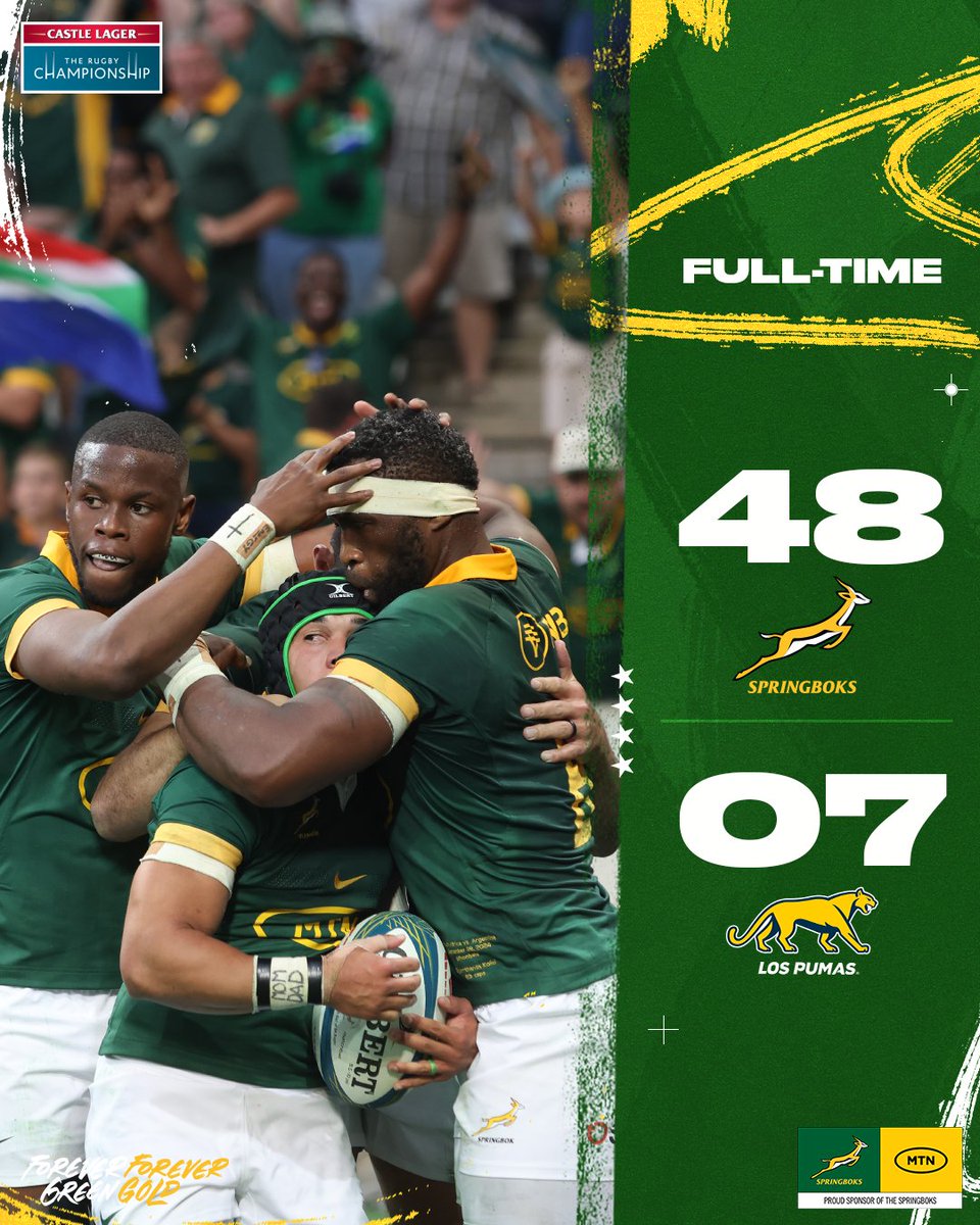 What a win for the Boks as they bring home the Castle Lager Rugby Championship title on a bright night in Mpumalanga 🏆
#Springboks #ForeverGreenForeverGold #RSAvARG