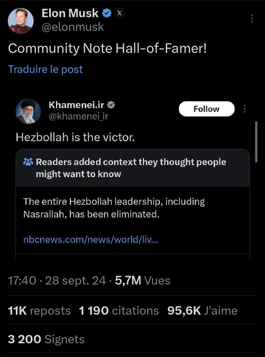 🇮🇷🇮🇱 FLASH -  Une Community Note a été ajoutée au post de l'Ayatollah Khamenei déclarant que "Hezbollah est victorieux", précisant que toute la direction du Hezbollah, y compris Nasrallah, a été éliminée. 

#Hezbollah #Nasrallah #Khamenei #Israel #Lebanon #FactCheck