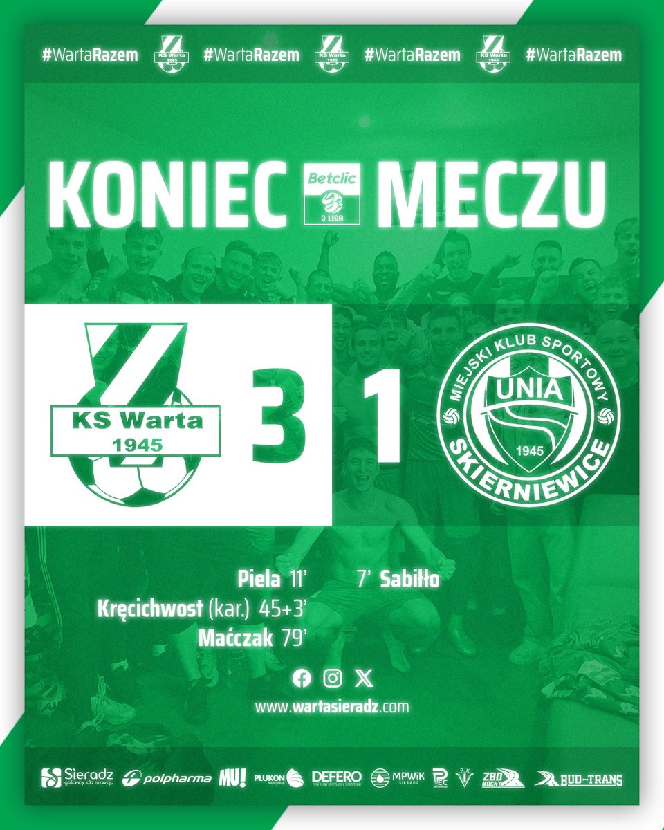 Lider pokonany! 🫡

✅ Warta Sieradz 3️⃣:1️⃣ Unia Skierniewice
⚽ 11' Jakub Piela (🅰️ B. Kręcichwost)
⚽ 45+3' Bartłomiej Kręcichwost - karny (🅰️ A. Sójka)
⚽ 79' Bartłomiej Maćczak (🅰️ O. Trubnikov)