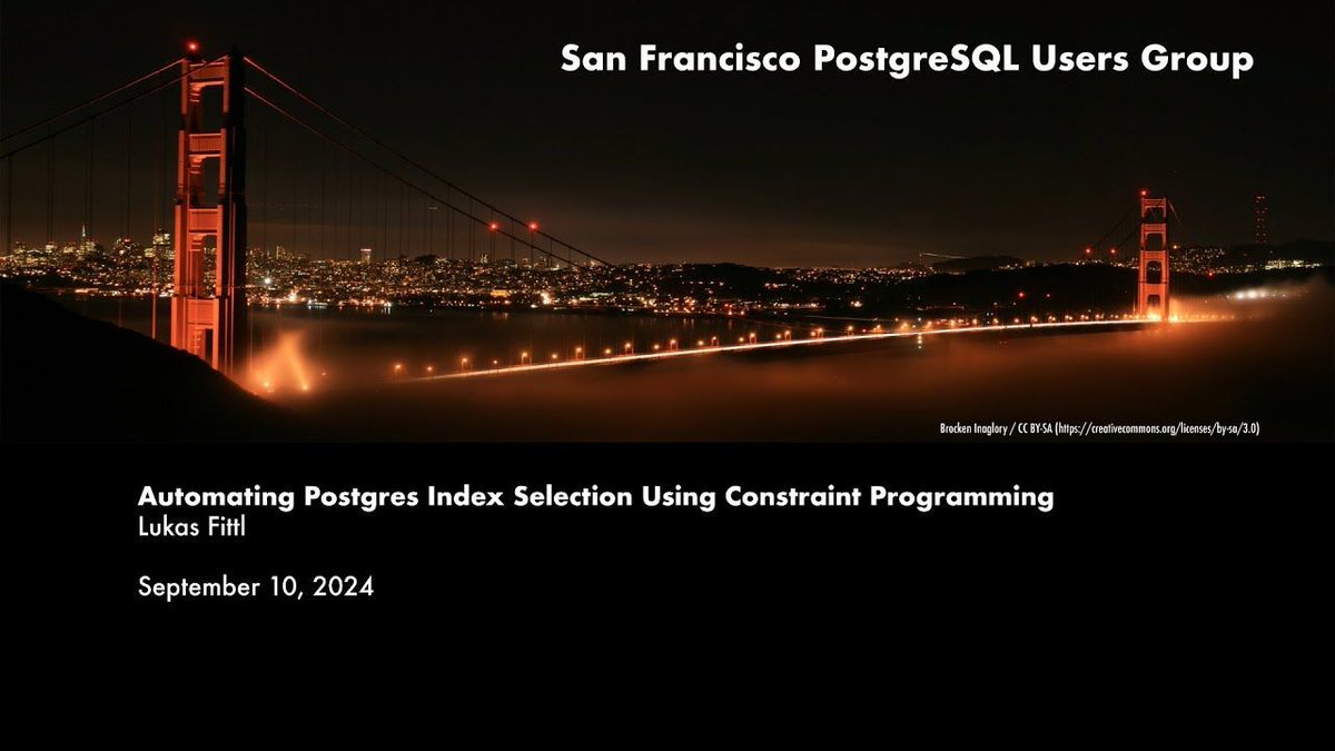 BayAreaPostgres's tweet image. The video for our September event “Automating Postgres Index Selection Using Constraint Programming” with Lukas Fittl is up! 
buff.ly/4e6ZLgq
@LuksaFittl @PostgreSQL #Postgres