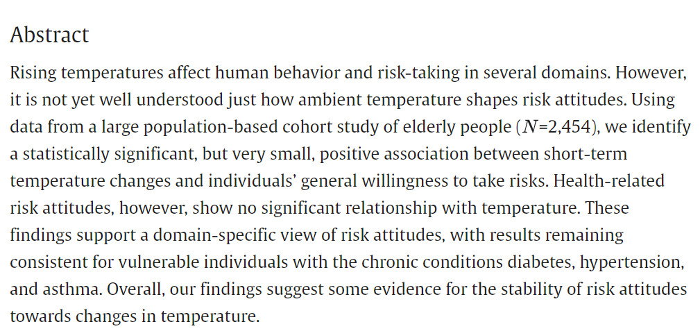 Just accepted: "What is the relationship between risk attitudes and ambient temperature? Evidence from a large population-based cohort study", by König, Laxy (<a href="/ellaxiii/">Michael Laxy</a>), Peters, Schneider, Wolf, Schwettmann, &amp; Wiesen (<a href="/DanielWiesen1/">Daniel Wiesen</a>). Link: doi.org/10.1016/j.ehb.…