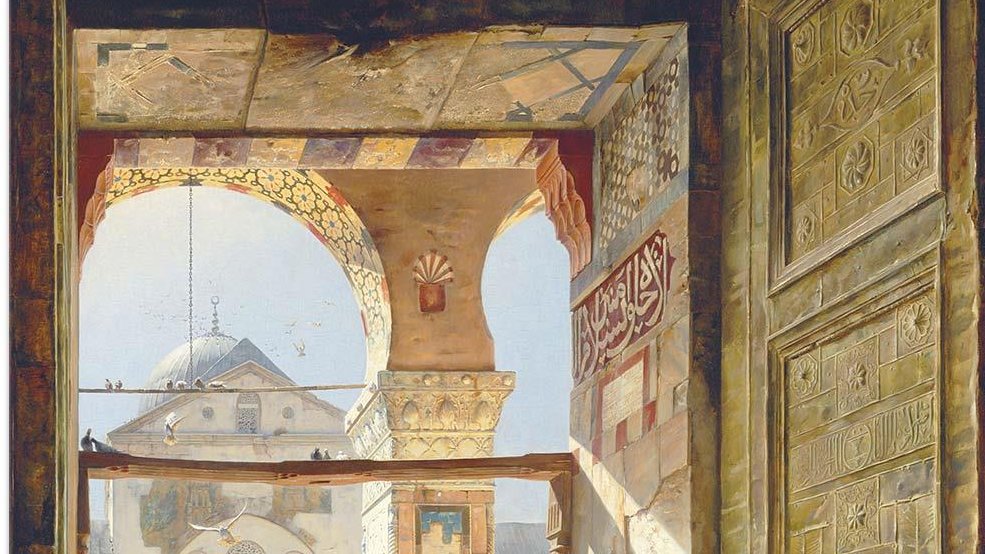 من رسومات الألماني"غوستاف بورنفايند" البديعة سنة 1886م تقريباً لأحد أبوب المسجد الأموي بدمشق، ويبرز فيها تداخل ضوء الشمس الصافي مع الظل والرخرفات وكتابات البوابة الذهبية العتيقة.
