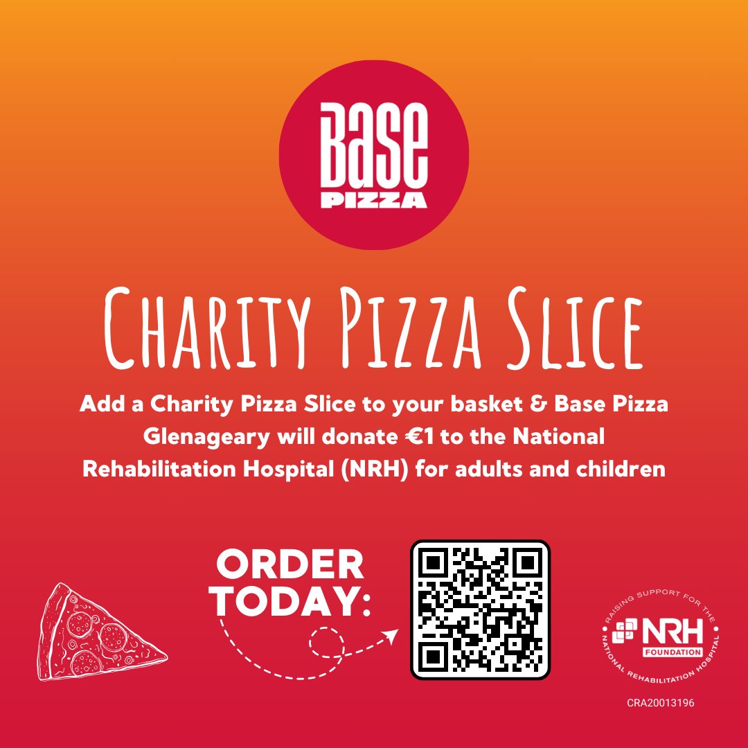 Base Pizza Glenageary has teamed up with the NRH as their local charity partner. When you order a delicious pizza, you can now add on a ‘Charity Slice’ which will donate €1 to help support adults and children on their rehabilitation journey in the NRH
#BasePizza #PizzaNight